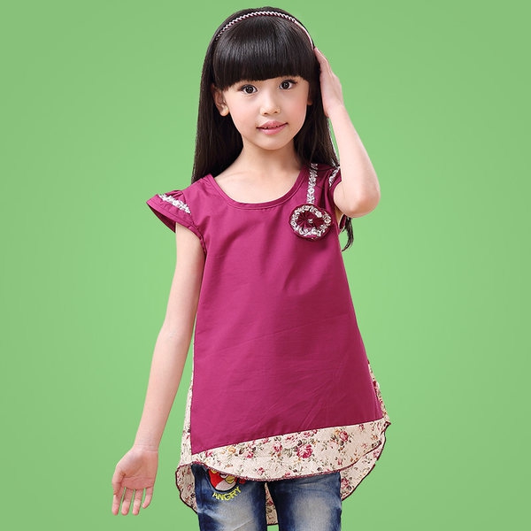 Детски роклички с къс ръкав - топ цветове и модели със цветенца - син, кафяв, лилав, розов