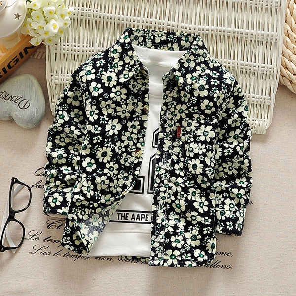 Μακρυμάνικο παιδικό πουκάμισο για αγόρια - διάφορα μοντέλα σε κίτρινο, λευκό, μαύρο χρώμα - με λουλούδια