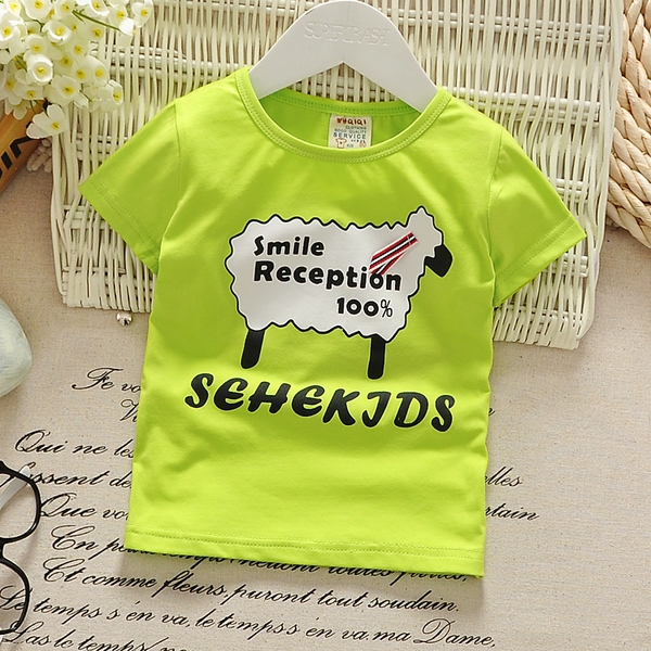 Детски тениски с къси ръкави  и анимации за момичета - жълт, зелен, син и бял модел