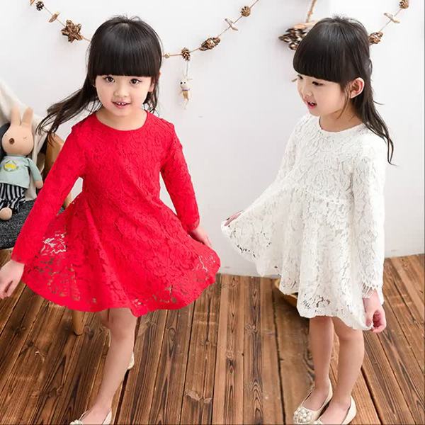 Детски красиви дантелени роклички за момичета с дълъг ръкав - пролет, лято и есен - бяла и червена