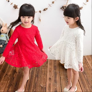 Όμορφα φορέματα δαντέλα παιδικά για κορίτσια με μακριά μανίκια - άνοιξη, καλοκαίρι και φθινόπωρο - λευκό και κόκκινο