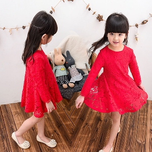 Όμορφα φορέματα δαντέλα παιδικά για κορίτσια με μακριά μανίκια - άνοιξη, καλοκαίρι και φθινόπωρο - λευκό και κόκκινο