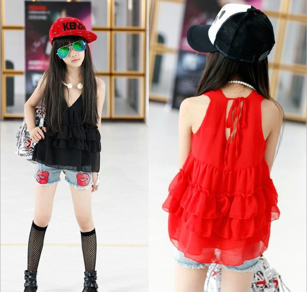 Топ рокля за момичета - детска лятна туника - червен и черен модел от шифон