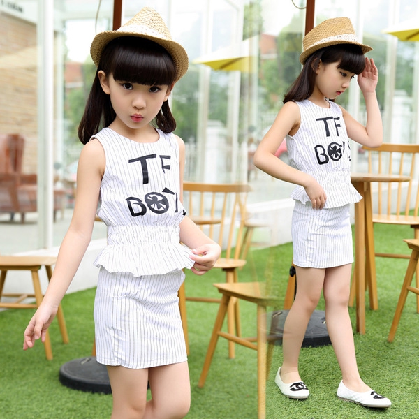 Летен детски комплект за момичета от потниче и пола - два модела - черен и бял 