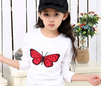 Детски анимирани тениски с дълъг ръкав за момичета - жълт, черен, лилав, бял цвят - с пеперудка, сърце 