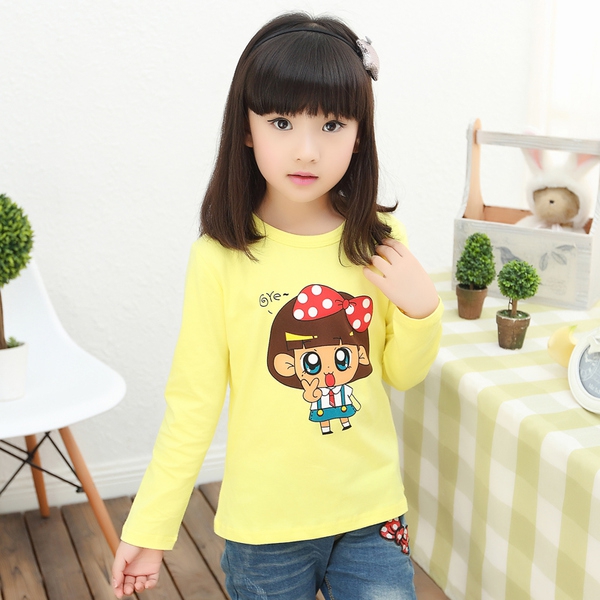 Детски анимирани тениски с дълъг ръкав за момичета - жълт, черен, лилав, бял цвят - с пеперудка, сърце 
