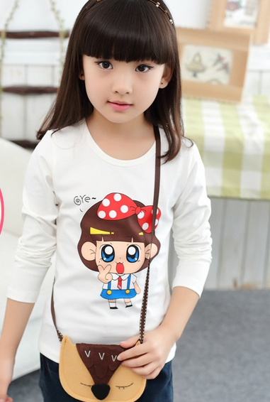 Детски анимирани тениски с дълъг ръкав за момичета - жълт, черен, лилав, бял цвят - с пеперудка, сърце 