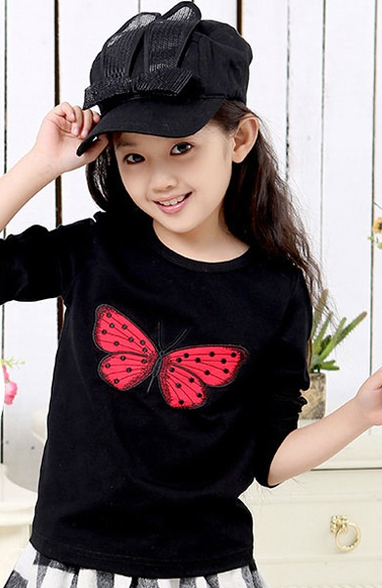 Детски анимирани тениски с дълъг ръкав за момичета - жълт, черен, лилав, бял цвят - с пеперудка, сърце 