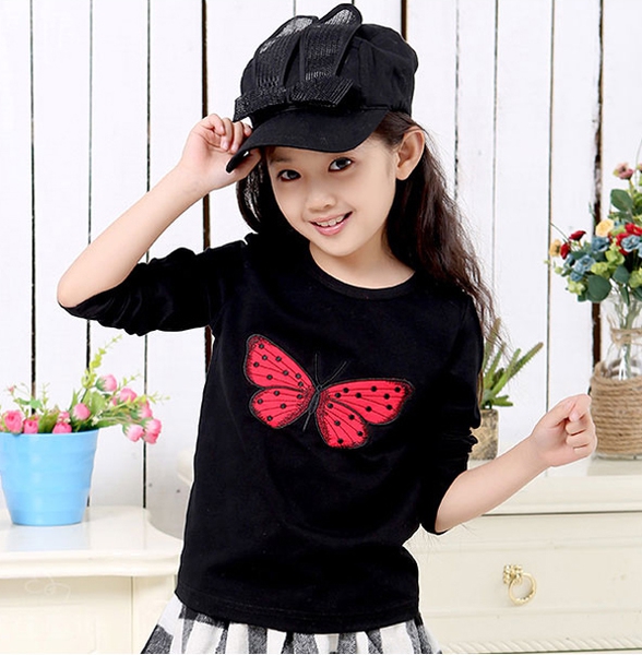 Детски анимирани тениски с дълъг ръкав за момичета - жълт, черен, лилав, бял цвят - с пеперудка, сърце 