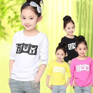 Детски анимирани тениски с дълъг ръкав за момичета - жълт, черен, лилав, бял цвят - с пеперудка, сърце 