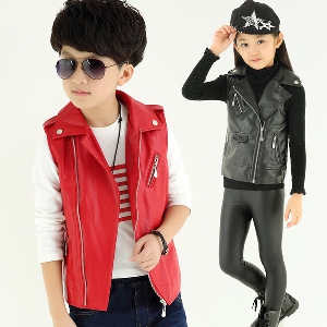 Детски елек за момчета и момичета от изкуствена кожа - червен и черен модел