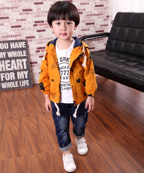 Παιδικό ανοιξιάτικο μπουφάν για αγόρια με κουκούλα - πορτοκαλί χρώμα