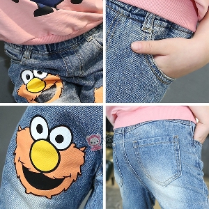Детски дълги ластични дънкови панталони за момичета с анимация \'Елмо\' 