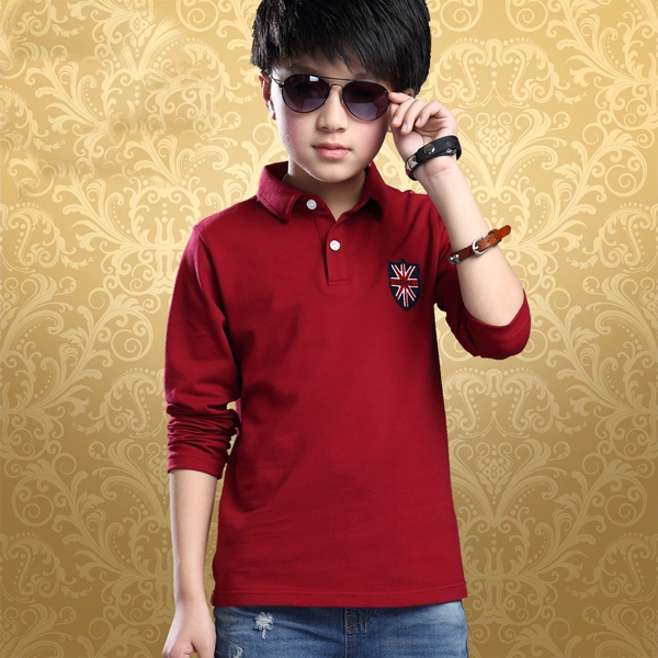 Детска памучна тениска за момчета с дълъг ръкав - бяла, сива, червена и синя