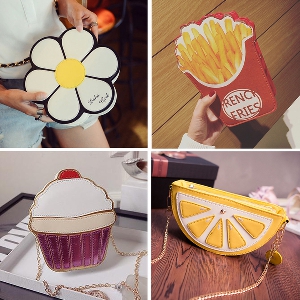 Γυναικείες παιχνιδιάρικατσάντες με ενδιαφέροντα σχήματα - κέικ, παγωτά, λουλούδι, διαμάντια, πορτοκαλί, χάμπουργκερ και πατάτες