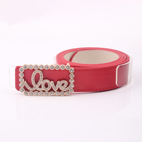 Δερμάτινη ζώνη με διακόσμηση πόρπη και ομαλή "Love" - μπλε, κίτρινο, μαύρο, κόκκινο, λευκό, ροζ και μοβ