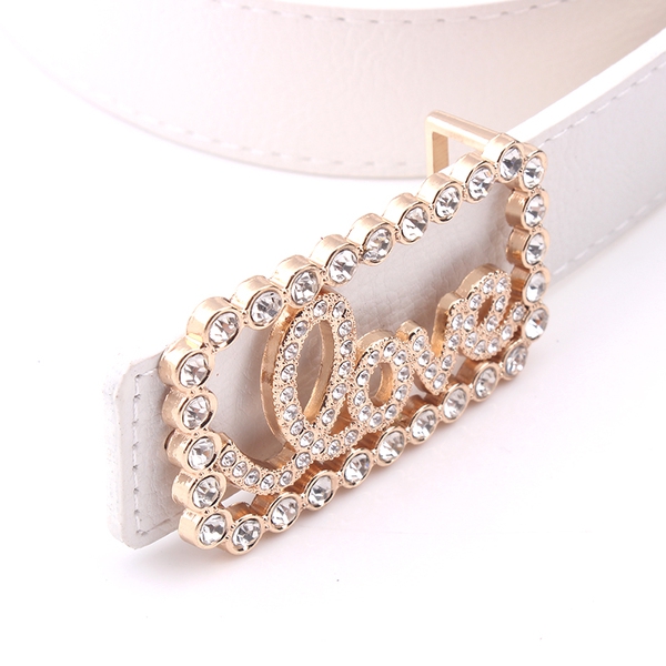 Δερμάτινη ζώνη με διακόσμηση πόρπη και ομαλή "Love" - μπλε, κίτρινο, μαύρο, κόκκινο, λευκό, ροζ και μοβ