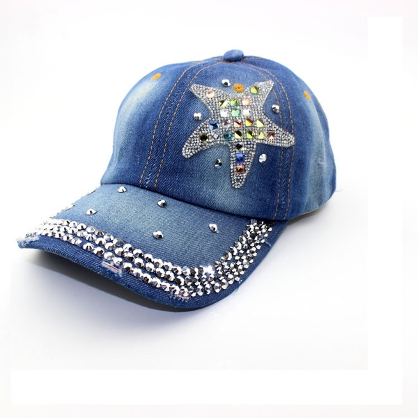 Дамски дънкови шапки с козирка и различни надписи с кристали - стил Ърбан