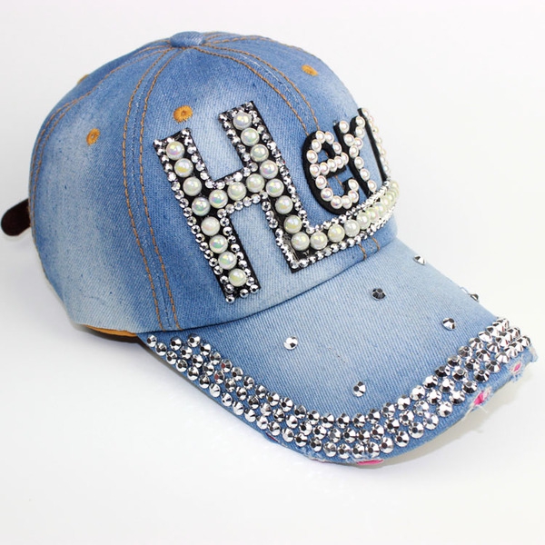 Дамски дънкови шапки с козирка и различни надписи с кристали - стил Ърбан