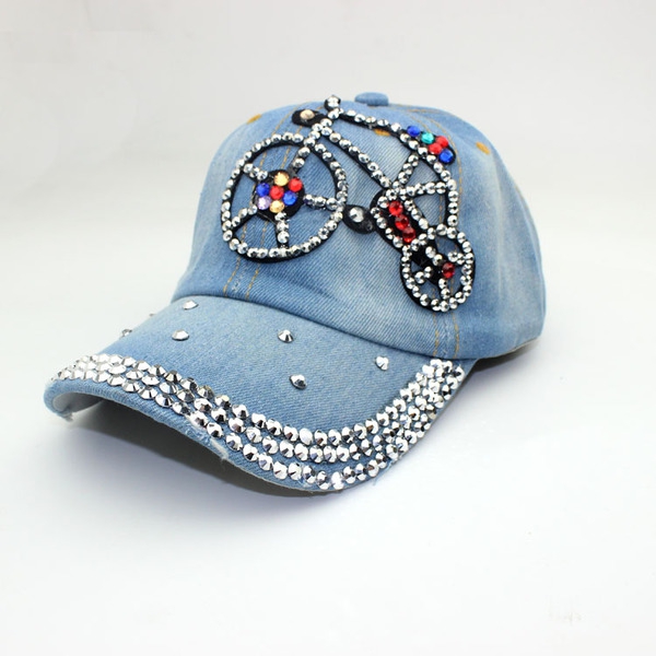 Дамски дънкови шапки с козирка и различни надписи с кристали - стил Ърбан