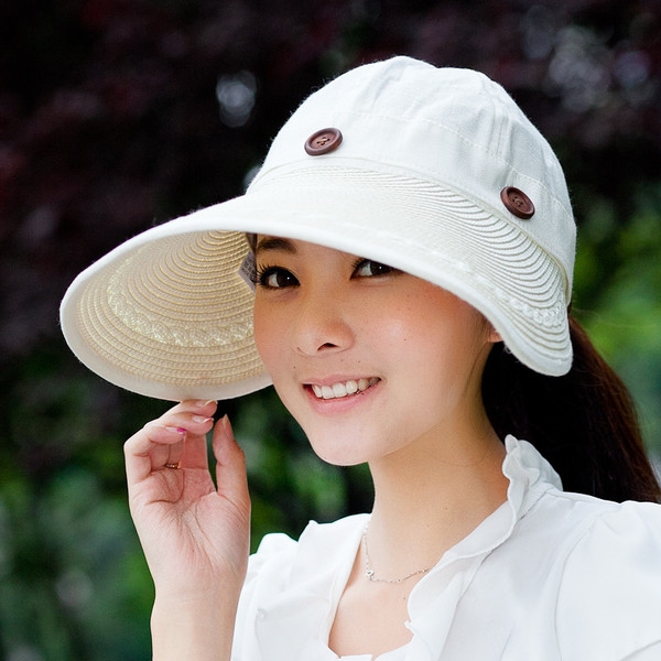 Дамски летни шапки за плаж с широки козирки и декоративни копчета - сини, бежови, бели