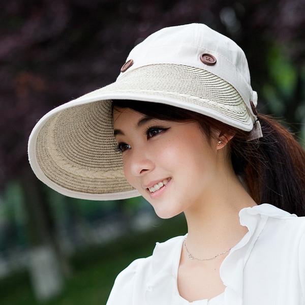 Дамски летни шапки за плаж с широки козирки и декоративни копчета - сини, бежови, бели