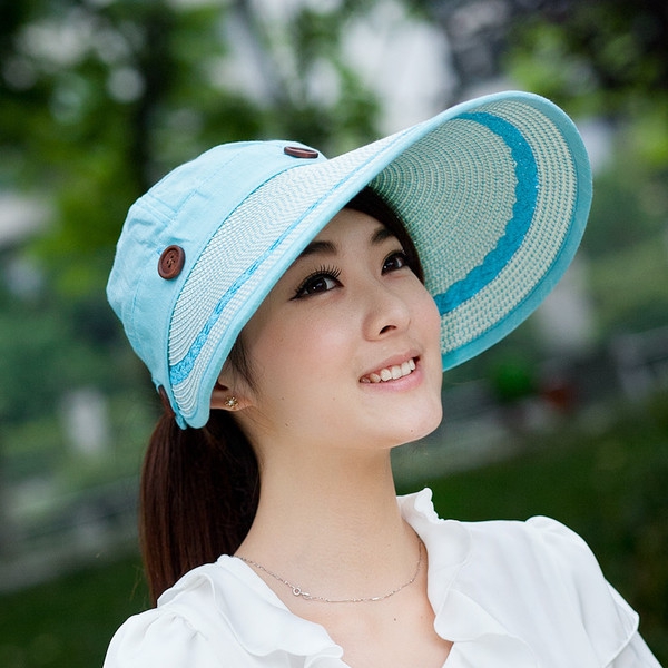 Дамски летни шапки за плаж с широки козирки и декоративни копчета - сини, бежови, бели