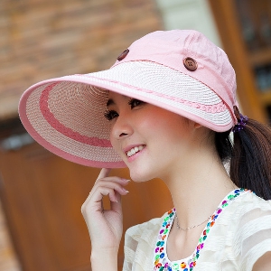 Дамски летни шапки за плаж с широки козирки и декоративни копчета - сини, бежови, бели