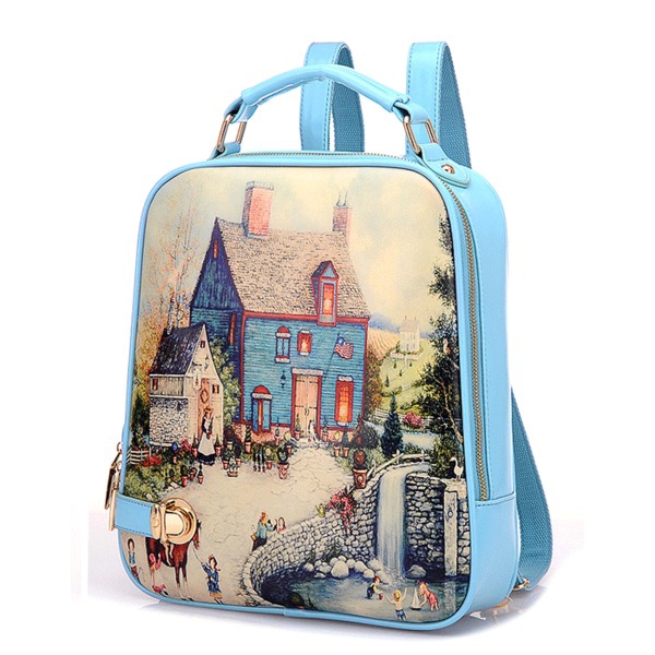 Γυναικείο σακίδιο με ένα μοναδικό τοπίο σε μπλε, καφέ και κρασί χρώμα