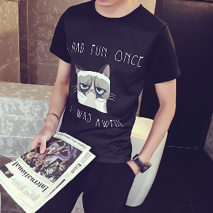 Мъжка черна тениска с къс ръкав с изображение Коте