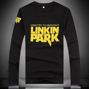Ανδρικά πουκάμισα με μακριά μανίκια - μαύρο και άσπρο - με επιγραφές των Linkin Park και κορυφαία κινούμενα μοντέλα