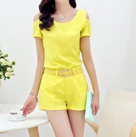 Καλοκαίρι κυρίες σετ μπλούζα με κοντό μανίκι και σορτς - 5 μοντέλα - άσπρο, κίτρινο, μαύρο, ροζ