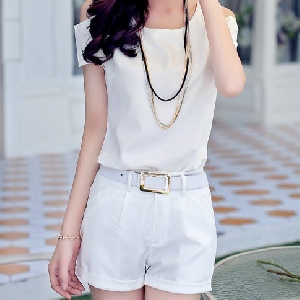 Летен дамски комплект от блуза с къс ръкав и шорти - 5 модела - бял, жълт, черен, розов