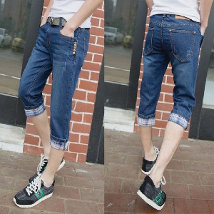 Σύντομη ελαστικό τζιν αρσενικό παντελόνι slim - 5 μοντέλα