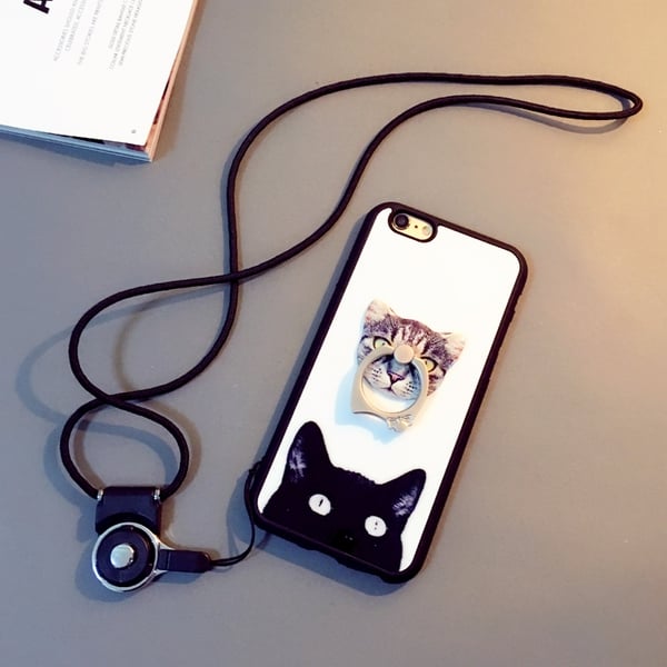 Протектор за телефон с пръстен,каишка и изображение на коте подходящи за  iPhone6, iPhone 6 plus и iPhone5/5S