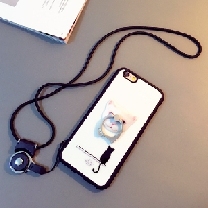 Протектор за телефон с пръстен,каишка и изображение на коте подходящи за  iPhone6, iPhone 6 plus и iPhone5/5S
