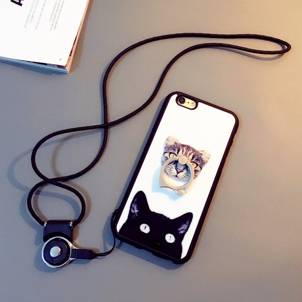 Протектор за телефон с пръстен,каишка и изображение на коте подходящи за  iPhone6, iPhone 6 plus и iPhone5/5S