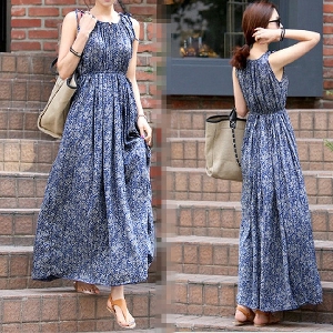 Καλοκαίρι βαμβάκι μακρύ φόρεμα σε μπλε χρώμα