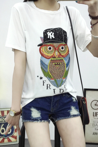 λευκό T-shirt Γυναίκες με κοντά μανίκια - κουκουβάγια