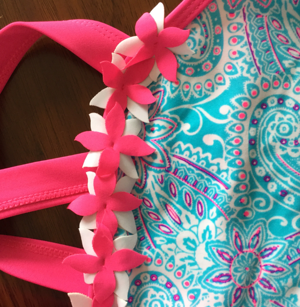 Детски фигурален цял бански синьо с розово