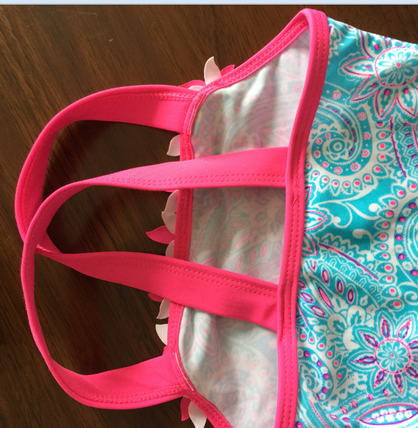 Детски фигурален цял бански синьо с розово