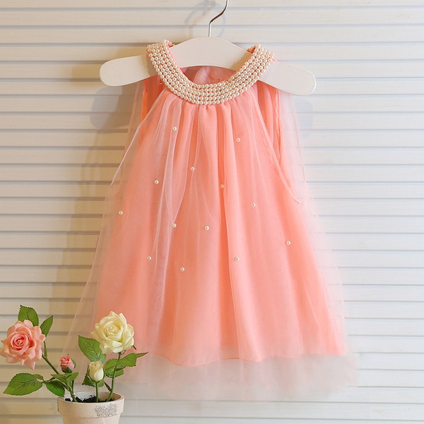 Детска шифонена рокличка в бял и розов цвят с перли.