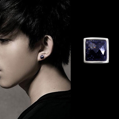 Ασημένια ανδρικά σκουλαρίκια με μοβ και μαύρη πέτρα