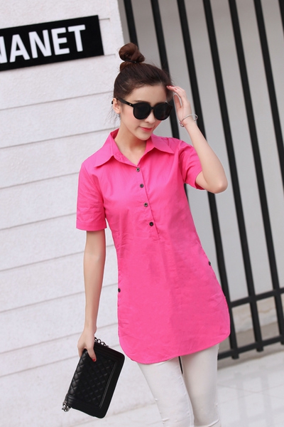 Πουκάμισα γυναικεία με κοντά μανίκια - ροζ, λευκό και πράσινο