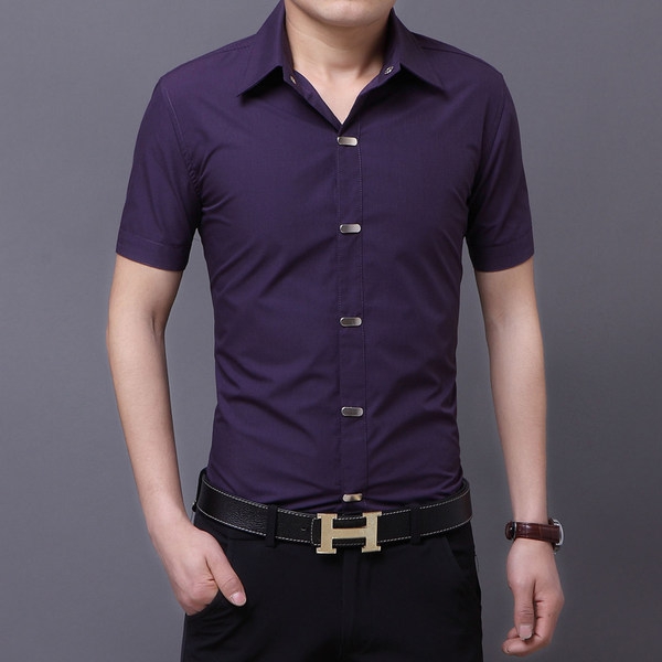 Μονόχρωμα ανδρικά πουκάμισα  - καλοκαιρινά με κοντά μανίκια - διάφορα χρώματα - μαύρο, μοβ, λευκό, κόκκινο