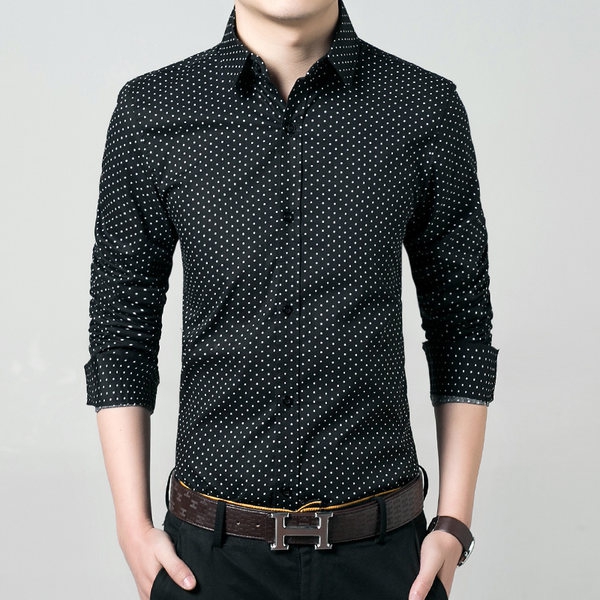 Αντρικά πουκάμισα με μακρύ μανίκι σε σημεία - μαύρα και άσπρα μοντέλα με βαμβακερό υλικό βάσης