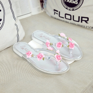 Дамски чехли с цветя сребрист и златист цвят