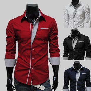 Ανδρικά πουκάμισα με μακρύ μανίκι - 4 σχέδια - μαύρο, μπλε, λευκό και κόκκινο χρώμα