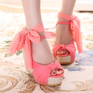 Дамски сандали с панделка розов син и бежов цвят