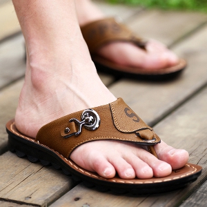 Летни плоски дишащи  мъжки чехли изработени от изкуствена кожа - 3 модела 
